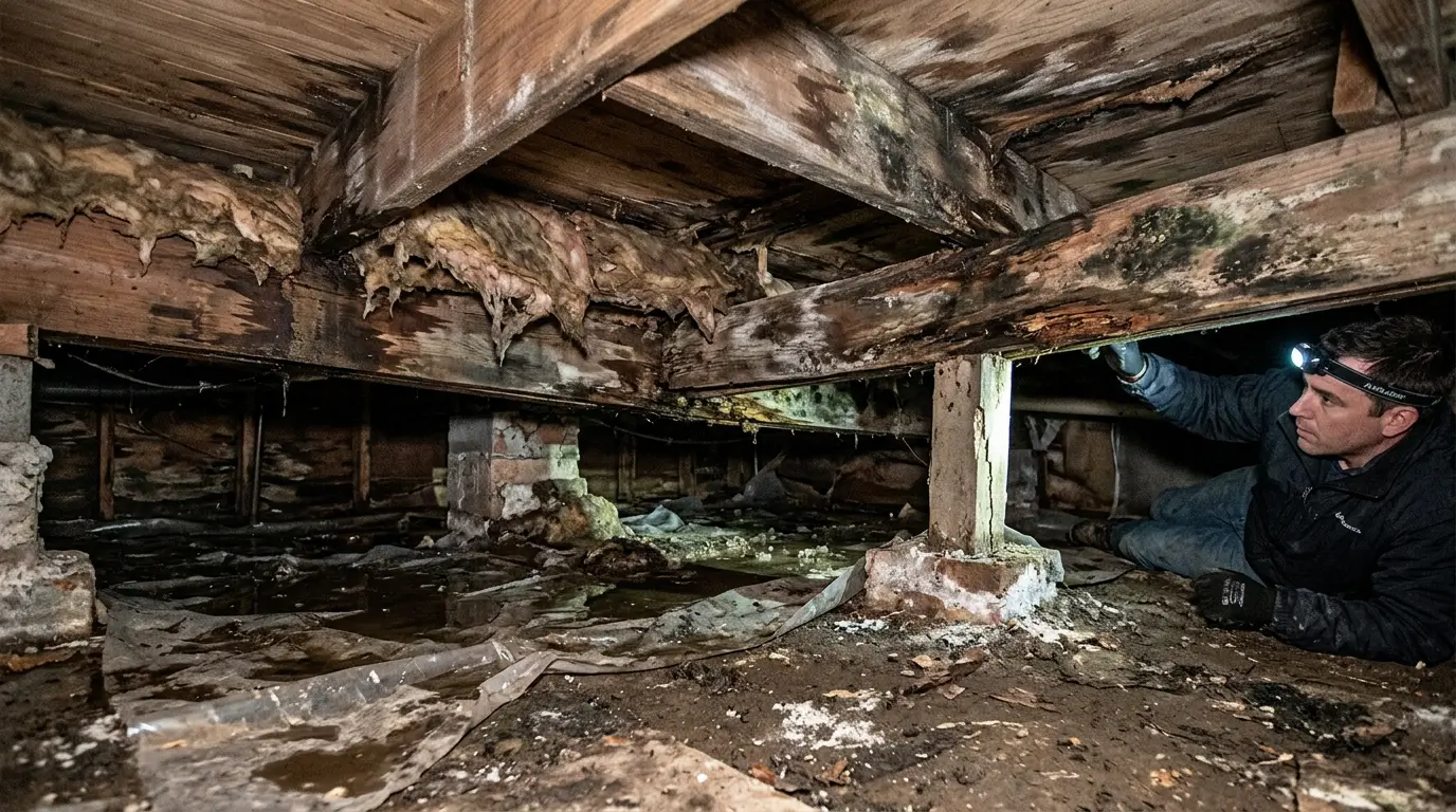 A crawl space technician inspecting a moisture-damaged crawl space beneath a home