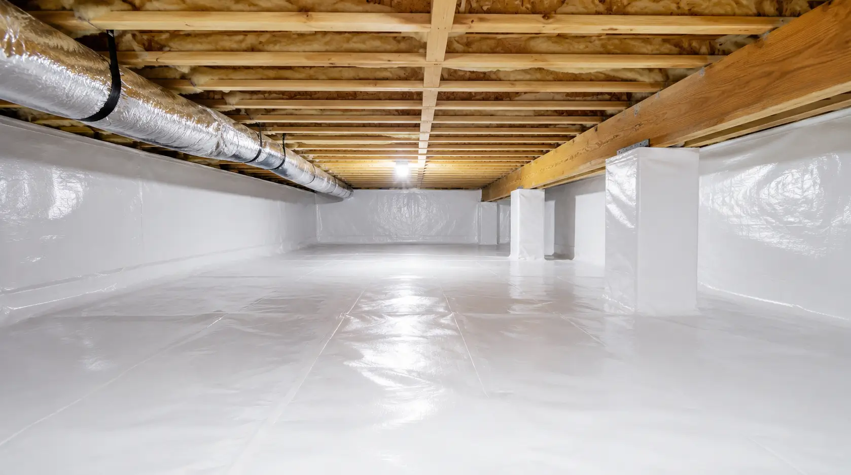 A newly encapsulated crawl space with a sealed white vapor barrier covering the floor and walls