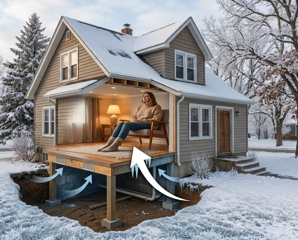 Cutaway of a snow-covered house with cold air rising from an open crawl space through the floor