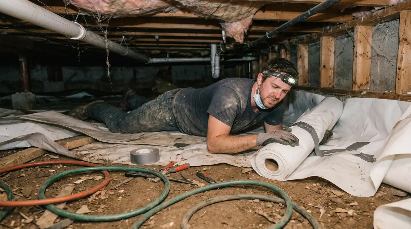 Side-by-side comparison of a DIY crawl space vapor barrier and a professionally encapsulated crawl space