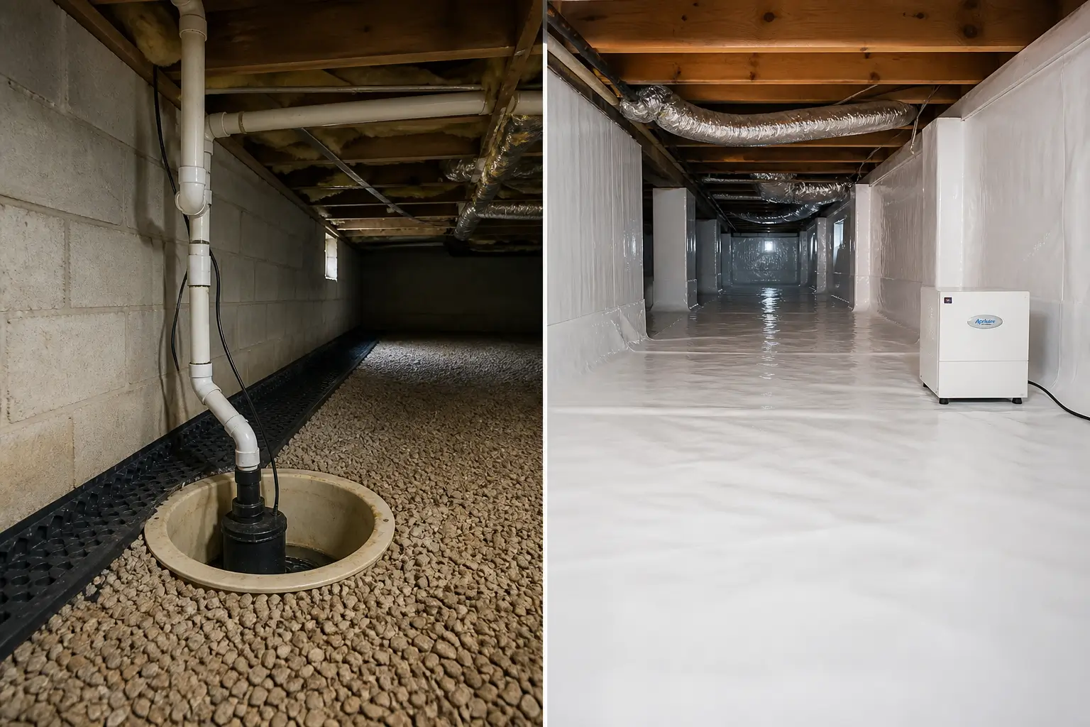 A comparison of crawl space waterproofing interior drainage systems and heavy-duty sealed vapor barrier encapsulation